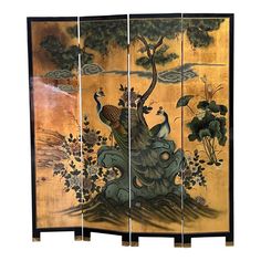 Exquisite Chinoiserie screen with a stunning peacock motif.  The image flows gracefully with rich color and beautiful renderings.  There are 4 panels in total, with brass hinges restored to a gleaming shine and delicate brass feet.  The back is lacquered in a rich black with a hand painted botanic decoration.   This is a particularly wonderful  version of the vintage Chinoiserie screen. Aesthetic Screen, Classical Aesthetic, Storage Ottoman Coffee Table, Wooden Room, Ancient Chinese Art, Small Accent Chairs, Wooden Screen