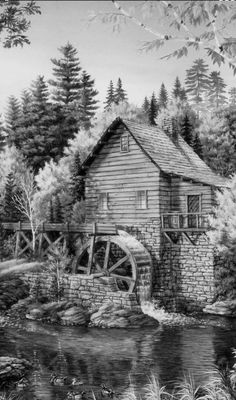 a black and white drawing of a water mill