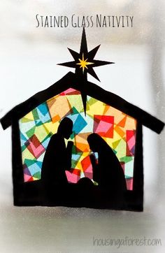 a nativity scene made out of paper with the words, stained glass nativity