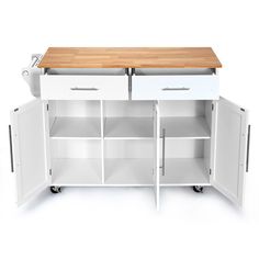 a white kitchen cabinet with two drawers and a cutting board on the top shelf,