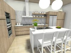 a modern kitchen with white chairs and wooden cabinets is shown in this image, there are yellow flowers on the counter