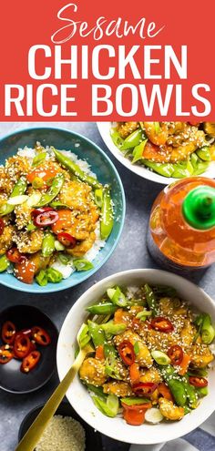 two bowls filled with sesame chicken rice bowls next to some dipping sauce on the side