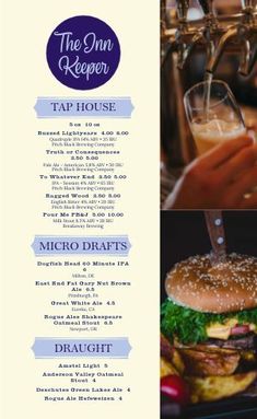 a menu for a restaurant with pictures of burgers and drinks