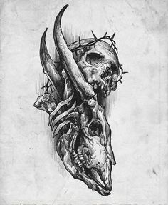 a black and white drawing of a human skull with horns on it's head