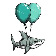 a shark with two balloons attached to it's back