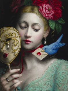 a woman holding a mirror with flowers in her hair and a bird perched on top of it