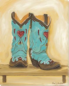 a painting of a pair of blue cowboy boots with hearts on them sitting on a bench