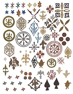 an assortment of decorative stickers on a white background with different shapes and sizes, including symbols