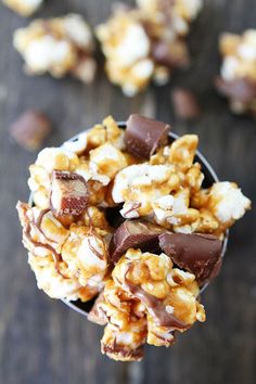 chocolate and marshmallow popcorn in a bowl