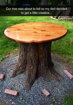 a wooden table sitting on top of a pile of rocks next to a tree stump