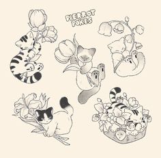 some cartoon animals and flowers on a white background with the words plebot pokes