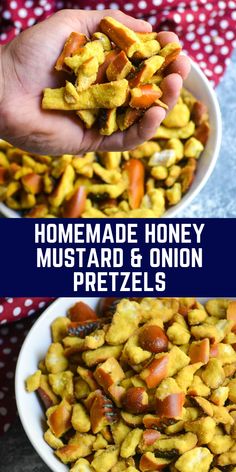 homemade honey mustard and onion pretzels in a white bowl with the title above it