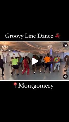 people are dancing in a dance studio with the words, grooy line dance montgomery