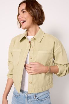 Top off your look with the Connor Shacket by Paige. Designed with a cropped length, this stylish shirt jacket features a front button closure, chest pockets, and a pleated back detail—perfect for layering with tees, tanks, and dresses. Chic Cropped Shirt With Pockets For Spring, Cotton Cropped Jacket With Patch Pockets, Spring Cropped Jacket With Buttoned Pockets And Long Sleeves, Cropped Cotton Jacket With Button Closure, Cotton Cropped Jacket With Button Closure, Oversized Spring Tops With Patch Pockets, Casual Single-breasted Button-up Cropped Jacket, Oversized Tops With Patch Pockets For Spring, Fall Cropped Shirt With Pockets