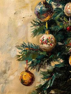 a painting of a christmas tree with ornaments