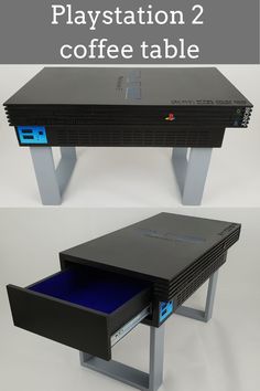 there is a black table with a blue drawer underneath it and the words playstation 2 coffee table below it