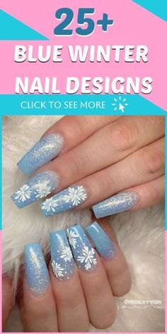 Cute Winter Themed Nails, Light Blue Nails Snowflakes, Blue And Silver Snowflake Nails, Winter Nails With Gems, Snowy Winter Nails, Blue Winter Nail Designs Snowflakes, Unique Winter Nails, Blue Winter Nails Snowflakes, Snow Nail Designs