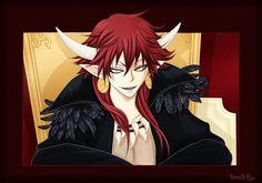 an anime character with red hair and horns