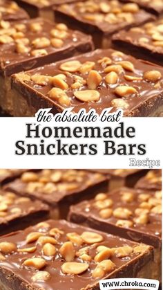 the absolute best homemade snickkers bars with chocolate frosting and peanuts on top