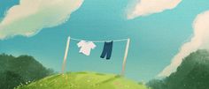 a painting of clothes hanging out to dry on a clothesline with trees in the background