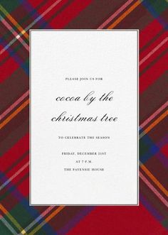 a plaid christmas card with the words, peace joy for the cocoa of the christmas tree