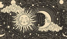 the sun and moon are in the sky with clouds, stars and swirls around them