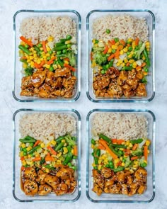 four glass containers filled with rice, chicken and veggies on top of each other