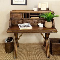 a desk with a potted plant on top of it