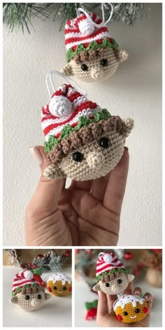 crocheted christmas ornament is shown in three different pictures, including one with a