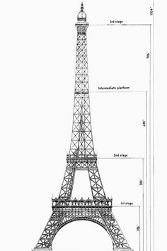 the eiffel tower is shown in black and white, as well as measurements