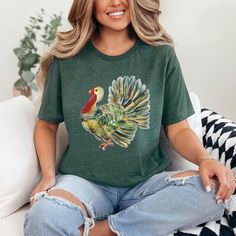 Fall Turkey Shirt, Watercolor Turkey Shirt, Autumn Shirt for Women, Thanksgiving Shirt, Family Shirt, Cute Turkey Shirt, Trendy Fall Shirt Green Tops For Fall Holiday, Casual Holiday Shirt With Graphic Print, Casual Crew Neck Holiday Shirt, Green Short Sleeve Top For Holiday, Casual Graphic Print Shirt For Holiday, Casual Multicolor Holiday Tops, Holiday Short Sleeve Printed Top, Casual Multicolor Tops For Holiday, Casual Crew Neck Shirt For Holiday