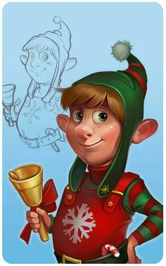 a cartoon character holding a bell and a christmas ornament