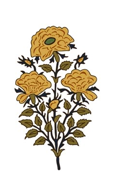 yellow flowers with green leaves on a white background in the style of an embroidery pattern