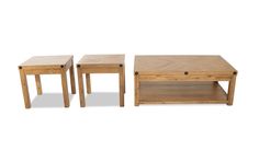 three wooden tables sitting next to each other