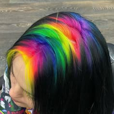 30 Bright, Rainbow-Colored Hairstyles By Russian Artist Snezhana Vinnichenko | Bored Panda Rainbow Roots Black Hair, Rainbow Ghost Roots, Rainbow Roots Hair, Black And Rainbow Hair, Pride Hair Color, Halo Dyed Hair, Neon Rainbow Hair, Rainbow Bangs, Crazy Hair Color Ideas