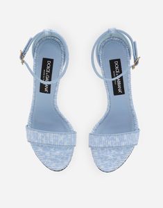 Bouclé fabric sandals with Baroque DG detail: Light blue 105-mm heel Strap with bejeweled buckle Kidskin insole with branded label Branded leather sole Item comes with a branded dust bag Made in Italy Fabric Sandals, Denim Sandals, Latest Sandal, Dolce And Gabbana Blue, Leather Platform Sandals, Sandals Brands, Blue Shoes, Ankle Strap Sandals, Strap Heels