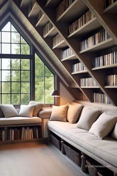 a living room filled with lots of furniture and bookshelves next to a window