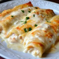 a white plate topped with cheese covered enchiladas