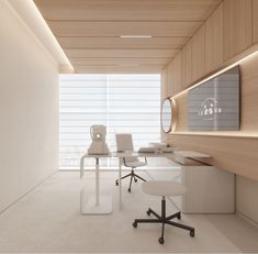 an office with white chairs and wooden walls