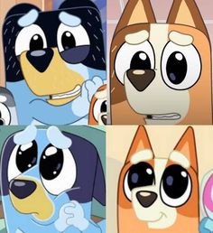 four different pictures of cartoon dogs with big eyes and one has an ice cream cone in it's mouth