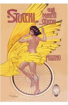 a poster with a woman dressed like a winged bird on top of a bicycle wheel