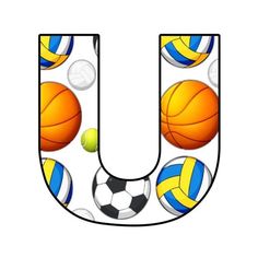 the letter u is made up of different sports balls and basketballs on white background