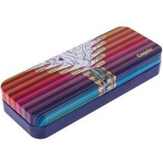 an image of a box with many colored pencils in it and a unicorn on the lid