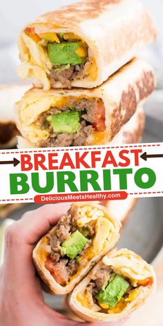 the breakfast burrito is cut in half and stacked on top of each other