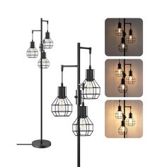 four different types of light bulbs hanging from a lamp post with caged lights on each pole