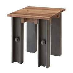 a small wooden table with metal legs