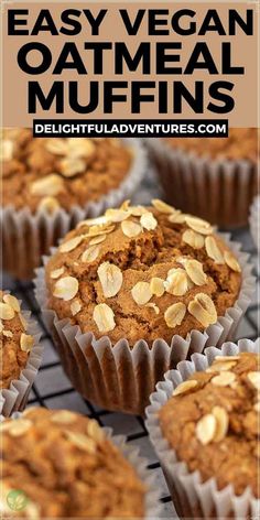 muffins cooling on a rack with text overlay that reads easy vegan oatmeal muffins