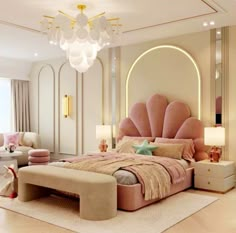 a large bed sitting in the middle of a bedroom next to two chairs and a chandelier