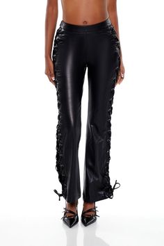 From our LUXE XX1 collection, this pair of faux leather bootcut pants features a high - rise waist, lace - up side design with high - polish grommets and self - tie closure, and concealed zipper back closure. | Shell: 96% polyester, 4% spandex | Other contents: 100% polyurethane | Hand wash cold | Model is 5'9" and wearing a Small | Lace - Up Faux Leather Bootcut Pants Edgy Fitted Bottoms From Forever 21, Edgy Party Bottoms By Forever 21, Edgy Party Bottoms From Forever 21, Forever 21 Bottoms For Fall Night Out, Forever 21 Bottoms For Fall Party, Forever 21 Fall Pants For Night Out, Forever 21 Pants For Spring Night Out, Forever 21 Fall Bottoms For Night Out, Chic Forever 21 Pants For Fall