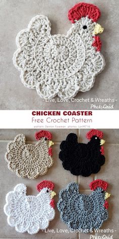 crocheted chicken coasters are shown in three different colors